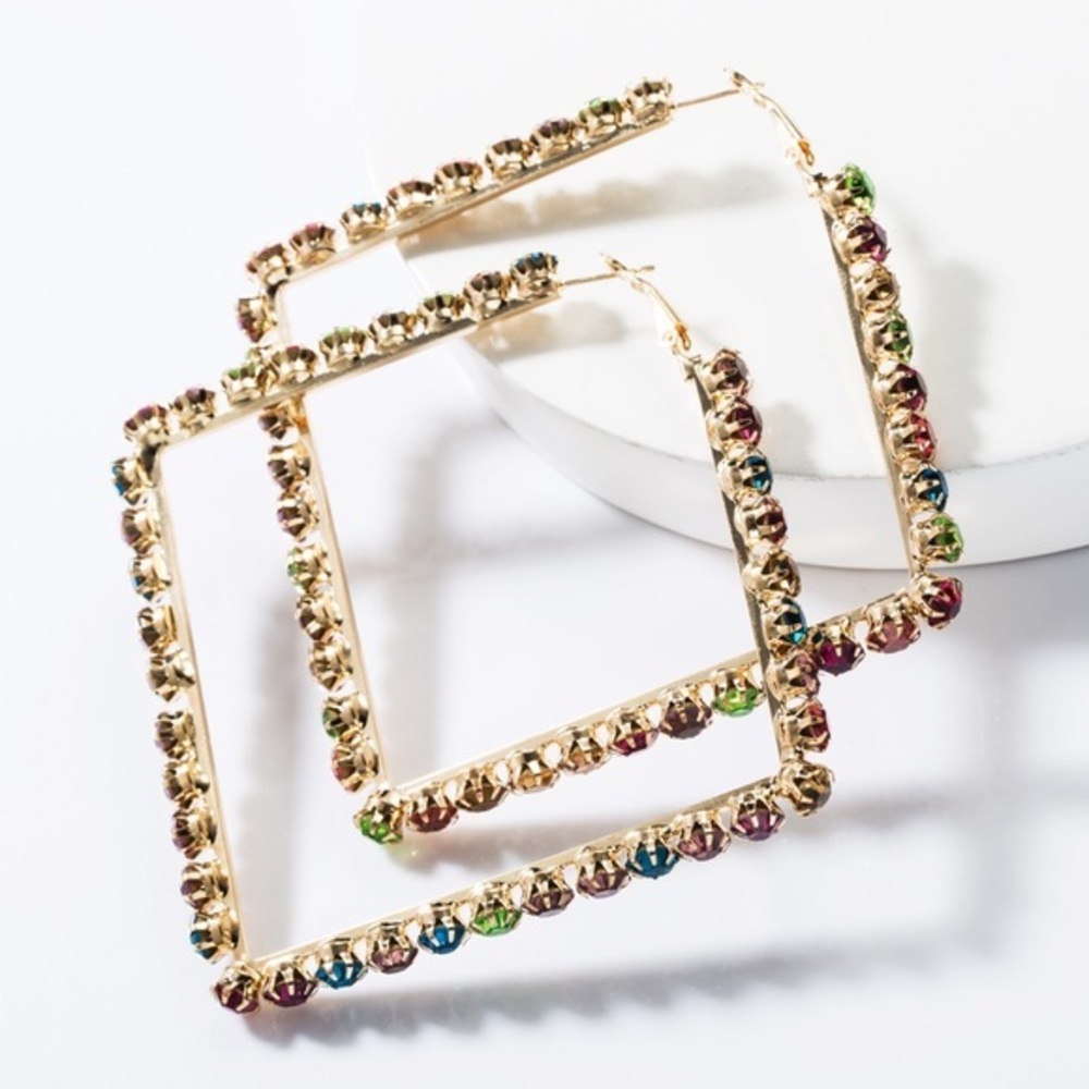 Gold oversized square multi color stone hoop fashion style earrings